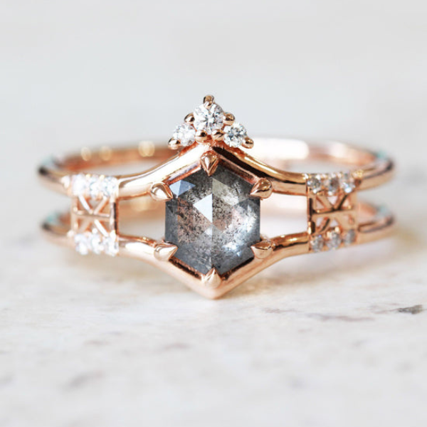 Salt and Pepper Hexagon Shape Engagement Ring